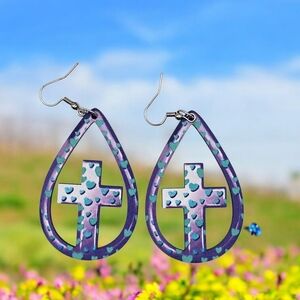 Wood Cross Purple & Blue Teardrop Earrings